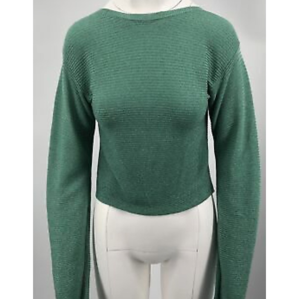Mugler Paris Green Shimmer Viscose Blend Long Sleeve Cut-Out Back Sweater sz XS